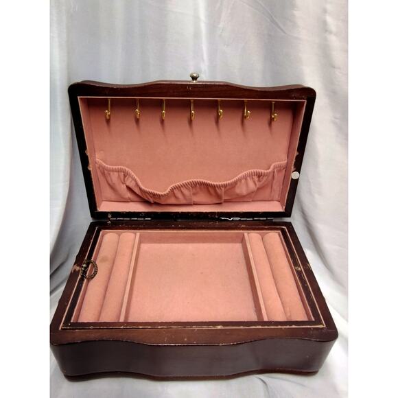 Vintage Mele Wood Jewelry Box 80s Velvet Lined Organizer Victorian Farmhouse - Picture 1 of 12
